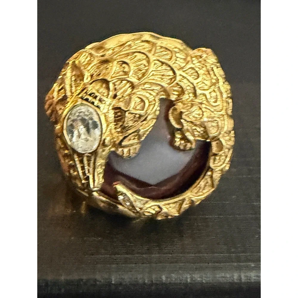 Vintage Ring Brutalist Chunky Alligator Rhinestone Gold Tone Pinky Size 5